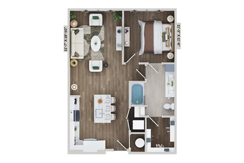 Floor plan for 1 bed, 1 bath, 775 sqft